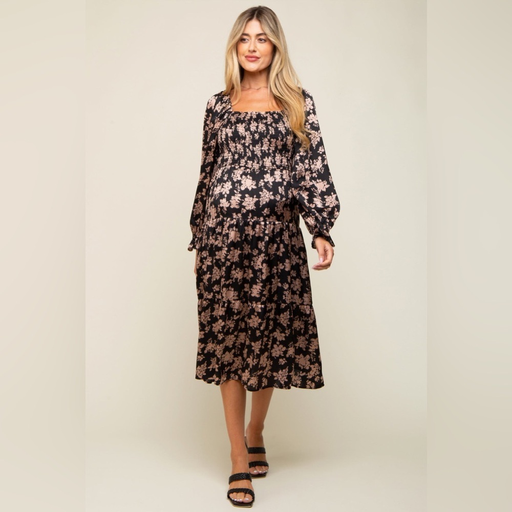 Pinkblush satin floral long sleeve midi dress nwot